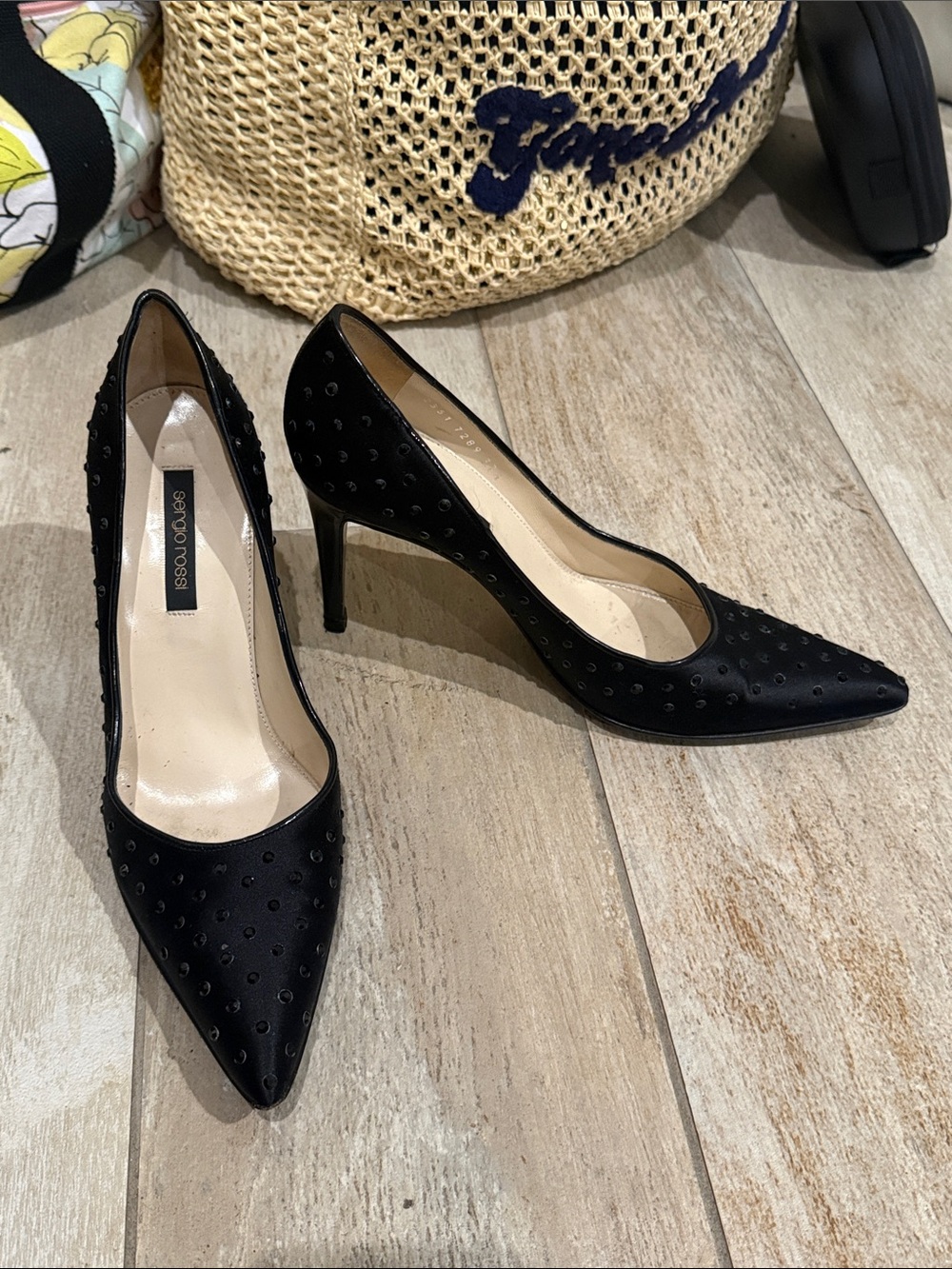 Sergio Rossi Black Stud-Embellished Pointed Pumps Size 7.5 Womens EUC
